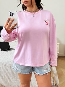 SHEIN EZwear 大尺碼女款字母與龍蝦印花圓領落肩長袖休閒T恤 - 彩色 - 查看 5