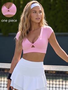 BamGleam CourtClass Lady's Solid Color Short Sleeve Dress, Pink Sports Top - Baby Pink - View 7