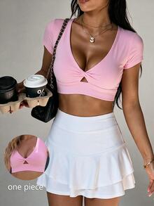 BamGleam CourtClass Lady's Solid Color Short Sleeve Dress, Pink Sports Top - Baby Pink - View 8