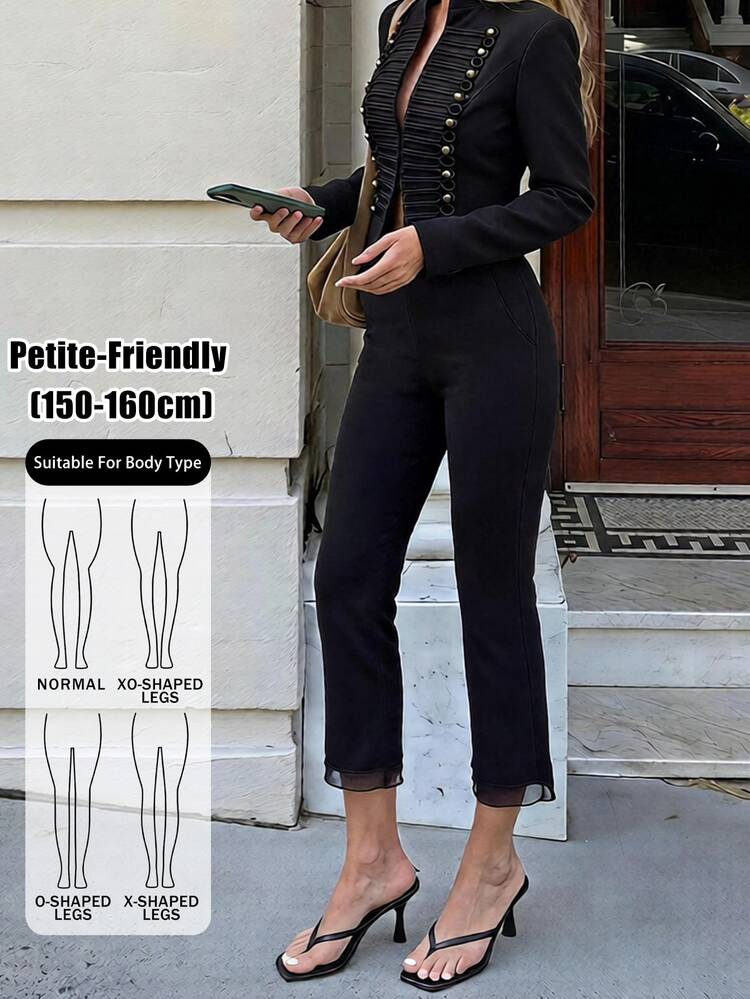 SHEIN PETITE Minimalist Mesh Patchwork Elegant Cropped Flare Pants For Office And Commute - Black - View 11