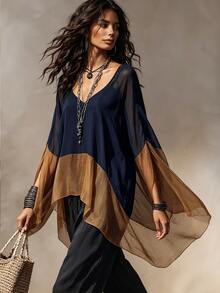 SHEIN Women's Colorblock Casual Versatile Daily Wear Shirt - Navy Blue - View 5