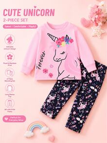 SHEIN Playful Pals BABY GIRLS Fall Outfit T-Shirt Set, Cute Casual Long Sleeve Top & Pants Set,Soft Comfy Autumn Clothes For Baby Girls, Spring Fall Style - Multicolor - View 1
