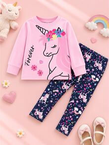 SHEIN Playful Pals BABY GIRLS Fall Outfit T-Shirt Set, Cute Casual Long Sleeve Top & Pants Set,Soft Comfy Autumn Clothes For Baby Girls, Spring Fall Style - Multicolor - View 8