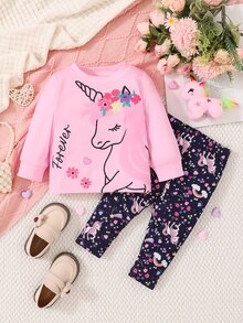SHEIN Playful Pals BABY GIRLS Fall Outfit T-Shirt Set, Cute Casual Long Sleeve Top & Pants Set,Soft Comfy Autumn Clothes For Baby Girls, Spring Fall Style - Multicolor - View 7
