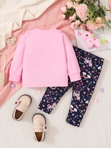 SHEIN Playful Pals BABY GIRLS Fall Outfit T-Shirt Set, Cute Casual Long Sleeve Top & Pants Set,Soft Comfy Autumn Clothes For Baby Girls, Spring Fall Style - Multicolor - View 2