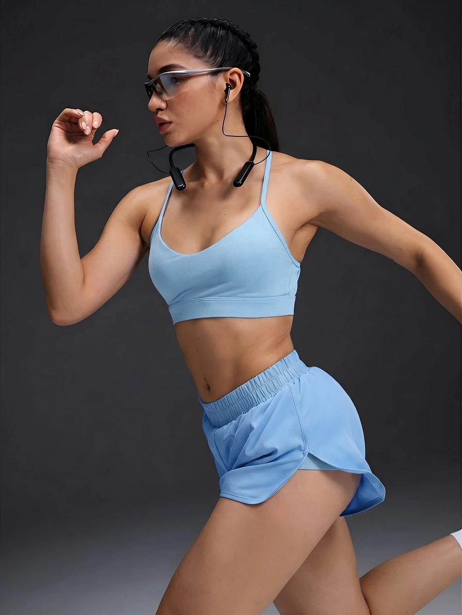 Powerista Women's Summer Minimalist Solid Color Spaghetti Strap Criss-Cross Back Top And Elastic Waist Shorts Sports Set