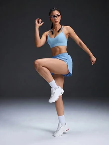 Powerista Women's Summer Minimalist Solid Color Spaghetti Strap Criss-Cross Back Top And Elastic Waist Shorts Sports Set - Blue - View 6
