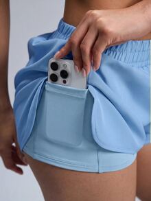 Powerista Women's Summer Minimalist Solid Color Spaghetti Strap Criss-Cross Back Top And Elastic Waist Shorts Sports Set - Blue - View 5
