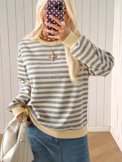 Vintage Colorblock Striped Long Sleeve Top, Loose Drop Shoulder Fit, Round Neck Design Simple And Elegant, Highly Versatile For Daily Wear. Whether Paired With Jeans, Casual Pants, Or Layered Under A Jacket, It Easily Creates A Casual French Style, Suitable For Commuting, Shopping, Outings And More Occasions.