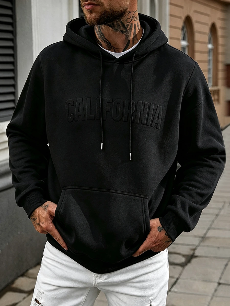 Manfinity Homme Men's Autumn & Winter Old‑Money Hoodie, Embossed Craft Accents, Perfect Millennium‑Theme Gift For Halloween & Christmas - Black - View 1