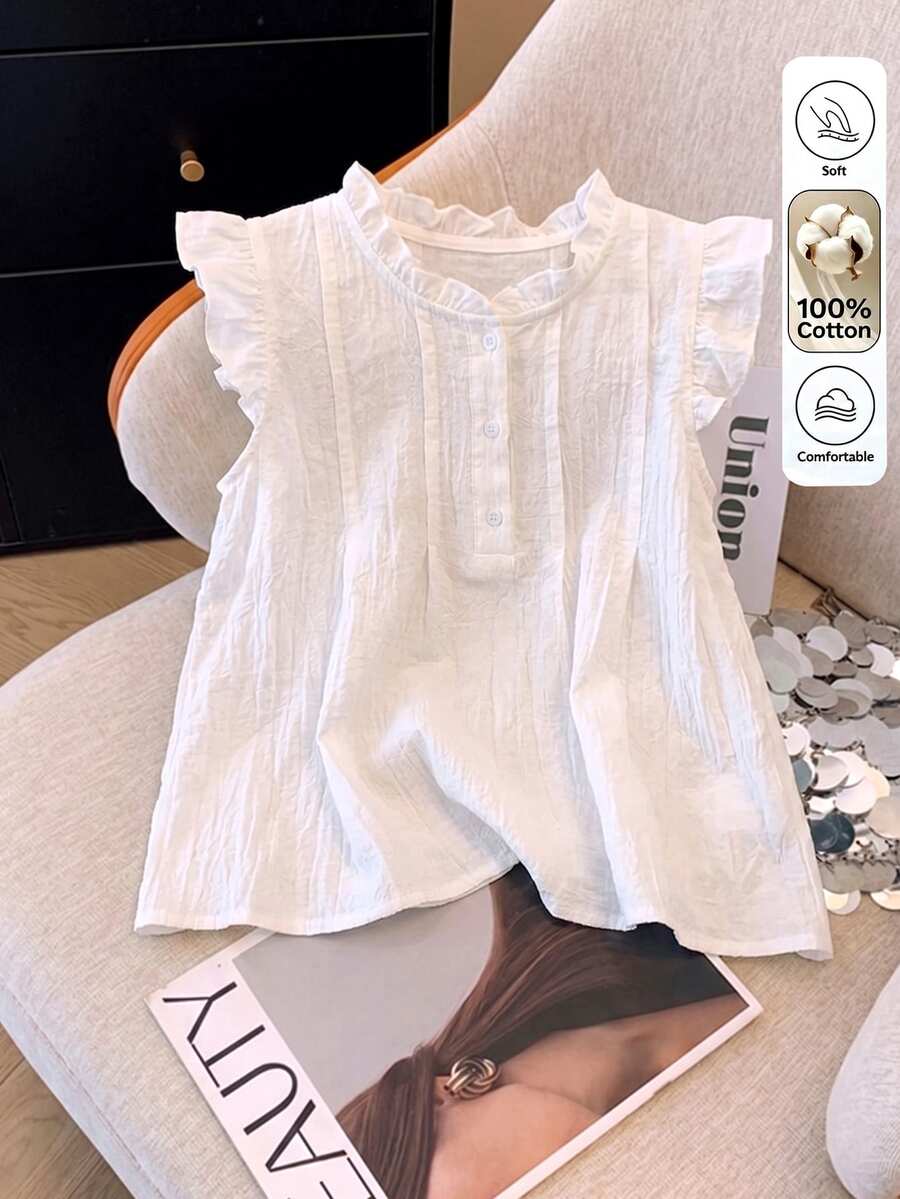 Franclia 女款圓領荷葉邊鈕扣襯衫 白色夏季度假鄉村風上衣 - 白色 - 查看 1