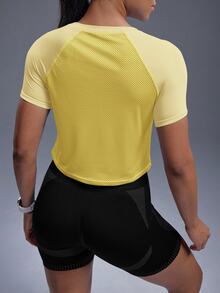 Powerista Women's Solid Color Raglan Short Sleeve Casual Fitness Sports T-Shirt - Yellow - View 3