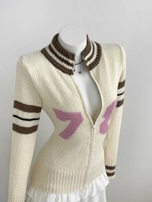 Elamini Vintage American Collegiate Style Striped Knit Cardigan, Zipper Lapel Slim Fit Number Jacquard Knit Jacket - Apricot - View 7