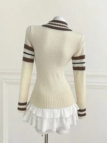 Elamini Vintage American Collegiate Style Striped Knit Cardigan, Zipper Lapel Slim Fit Number Jacquard Knit Jacket - Apricot - View 2