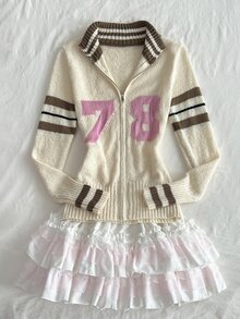 Elamini Vintage American Collegiate Style Striped Knit Cardigan, Zipper Lapel Slim Fit Number Jacquard Knit Jacket - Apricot - View 5