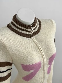 Elamini Vintage American Collegiate Style Striped Knit Cardigan, Zipper Lapel Slim Fit Number Jacquard Knit Jacket - Apricot - View 6