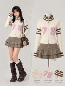 Elamini Vintage American Collegiate Style Striped Knit Cardigan, Zipper Lapel Slim Fit Number Jacquard Knit Jacket - Apricot - View 3