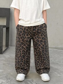 SHEIN 男孩豹紋牛仔寬鬆長褲 - 棕色 - 查看 7
