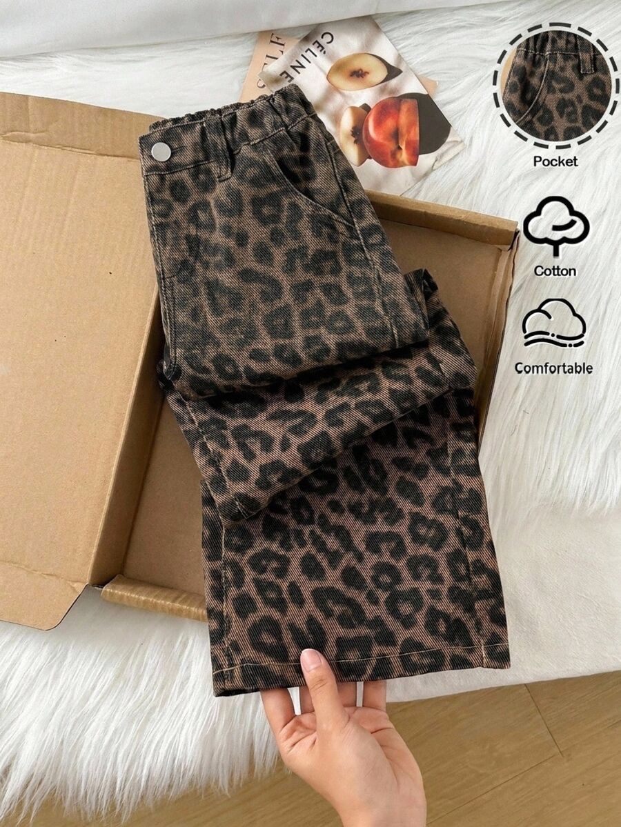 SHEIN 男孩豹紋牛仔寬鬆長褲 - 棕色 - 查看 1