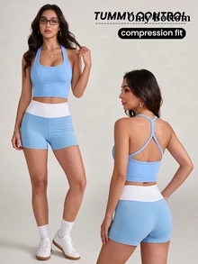 SHEIN Sports Summer Casual Blue & White Patchwork Sports Shorts - Blue and White - View 4