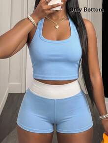 SHEIN Sports Summer Casual Blue & White Patchwork Sports Shorts - Blue and White - View 6