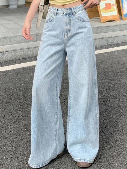 Livesso Women's Casual Everyday Commute Fashion Loose Wide-Leg Denim Jeans