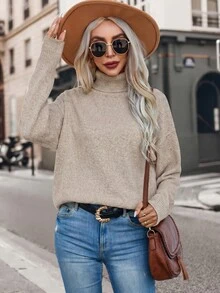 SHEIN 女款優雅日常高領落肩長袖毛衣 - 卡其色 - 查看 7