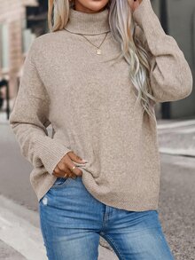 SHEIN 女款優雅日常高領落肩長袖毛衣 - 卡其色 - 查看 5