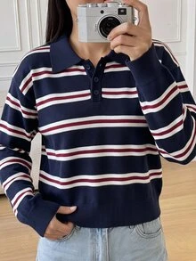 SHEIN 青少年女孩休閒深藍色條紋領口寬鬆長袖針織衫，秋季/秋天 - 藏蓝色 - 查看 1