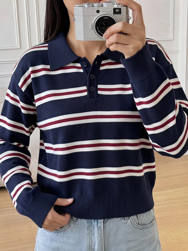 SHEIN Tween Girl Casual Navy Blue Striped Collared Loose Long Sleeve Sweater, Autumn/Fall