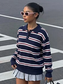 SHEIN 青少年女孩休閒深藍色條紋領口寬鬆長袖針織衫，秋季/秋天 - 藏蓝色 - 查看 9