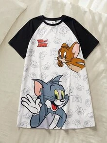 TOM & JERRY X SHEIN 女款拼色拼接卡通印花睡袍 - 黑與白 - 查看 7