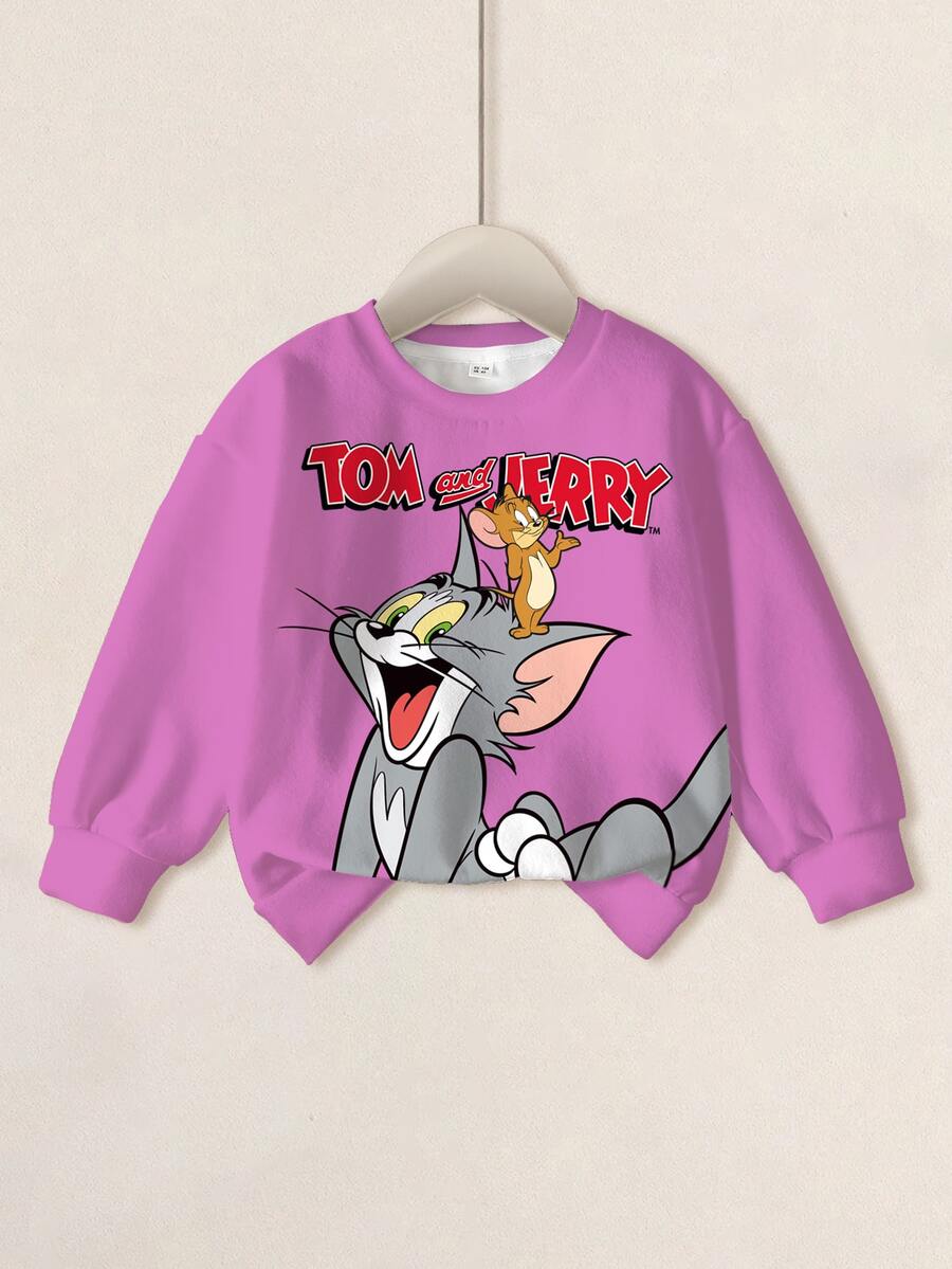 TOM & JERRY X SHEIN 少女卡通印花可愛圓領套頭長袖運動衫 - 白色 - 查看 1