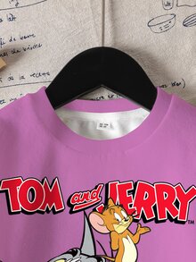 TOM & JERRY X SHEIN 少女卡通印花可愛圓領套頭長袖運動衫 - 白色 - 查看 4