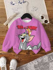 TOM & JERRY X SHEIN 少女卡通印花可愛圓領套頭長袖運動衫 - 白色 - 查看 3