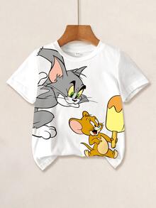 TOM & JERRY X SHEIN 小男孩卡通印花短袖T恤 - 白色 - 查看 1