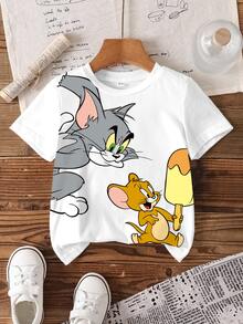 TOM & JERRY X SHEIN 小男孩卡通印花短袖T恤 - 白色 - 查看 3