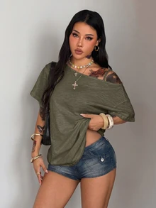 Coolane 女款夏季日常穿著 Y2K 嘻哈復古街頭風短袖 T 恤，適合音樂節 - 軍綠色 - 查看 4