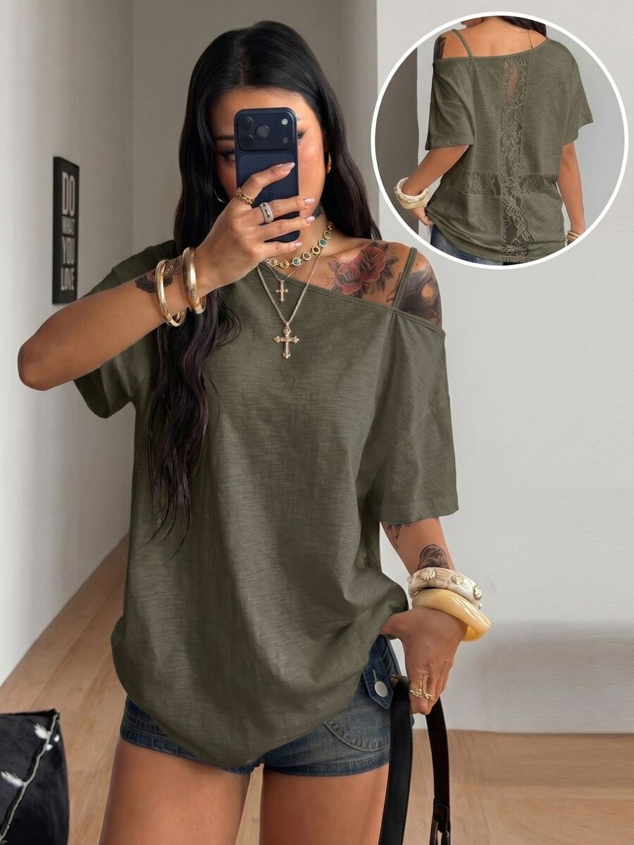 Coolane 女款夏季日常穿著 Y2K 嘻哈復古街頭風短袖 T 恤,適合音樂節 - 軍綠色 - 查看 1
