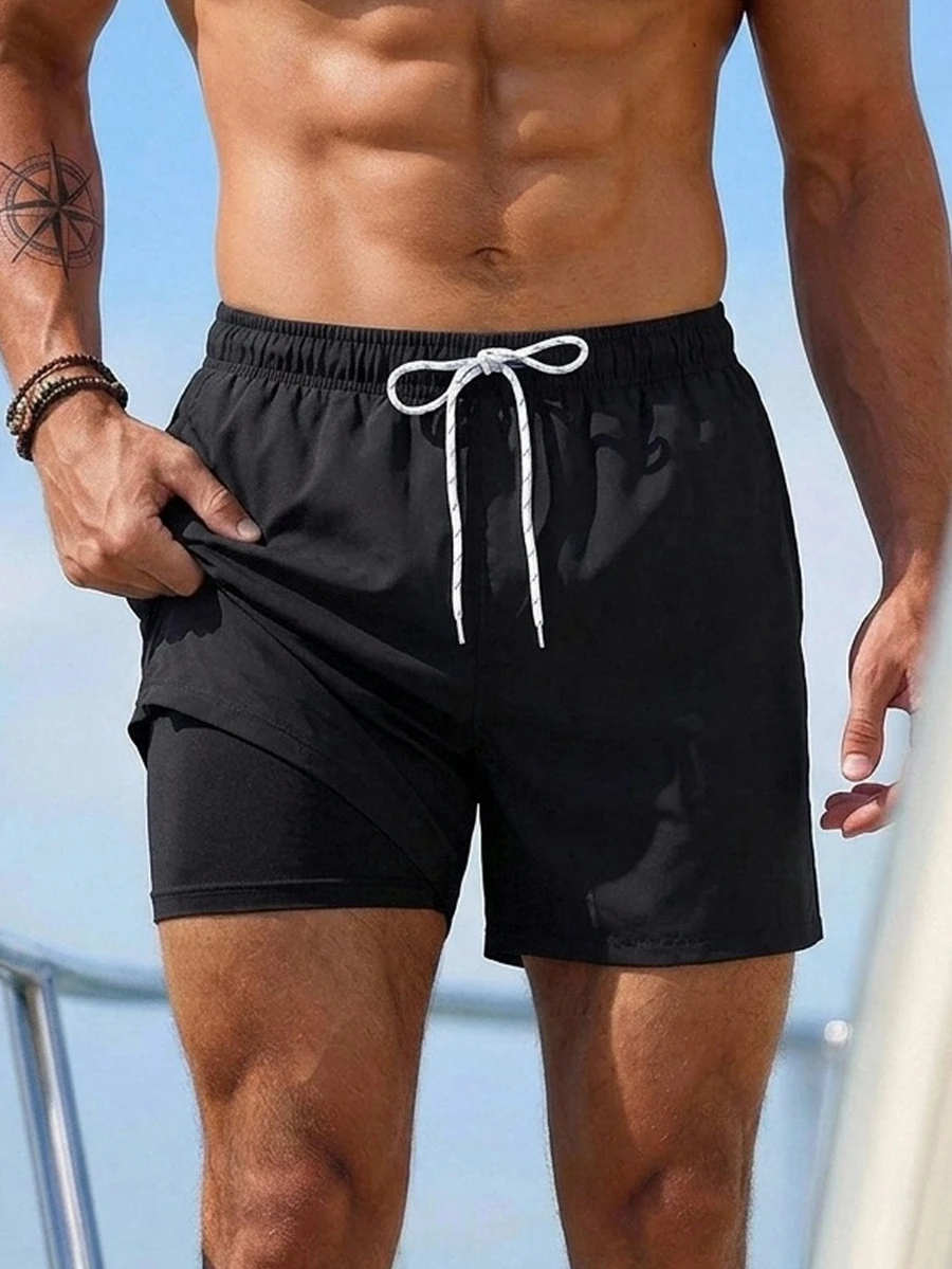 Manfinity Swimmode 男士抽繩腰純色休閒度假雙層沙灘短褲 - 黑色 - 查看 1