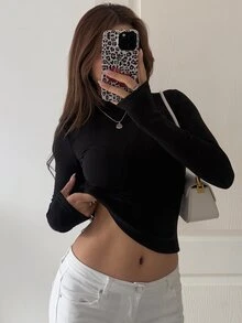 DAZY 女款時尚極簡純色長袖T恤，適合日常穿著 - 黑色 - 查看 5
