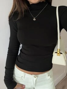 DAZY 女款時尚極簡純色長袖T恤，適合日常穿著 - 黑色 - 查看 8