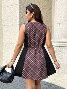 Easura Gaun Tanpa Lengan Leher Bulat Ukuran Besar Motif Kotak-kotak Patchwork untuk Wisuda, Liburan, Musim Panas, Elegan, Kasual - Hitam - View 4