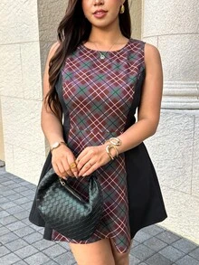 Easura Gaun Tanpa Lengan Leher Bulat Ukuran Besar Motif Kotak-kotak Patchwork untuk Wisuda, Liburan, Musim Panas, Elegan, Kasual - Hitam - View 6