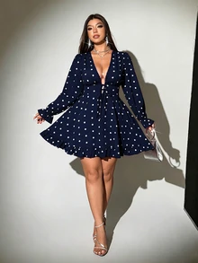 Viva Relle Plus Size Korean Style Polka Dot Ruffle Trim Tie-Up Dress Fall - Navy Blue - View 4