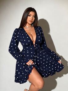 Viva Relle Plus Size Korean Style Polka Dot Ruffle Trim Tie-Up Dress Fall - Navy Blue - View 3