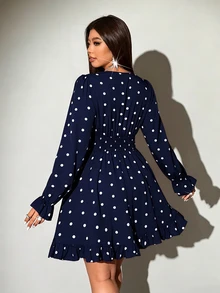 Viva Relle Plus Size Korean Style Polka Dot Ruffle Trim Tie-Up Dress Fall - Navy Blue - View 6