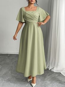 Modelyn Plus Size Knit Red Short Sleeve Cinched Waist A-Line Dress - Green - View 1