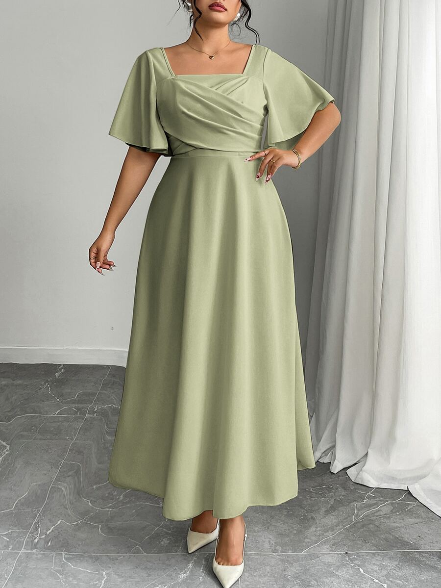 Modelyn Plus Size Knit Red Short Sleeve Cinched Waist A-Line Dress - Green - View 1