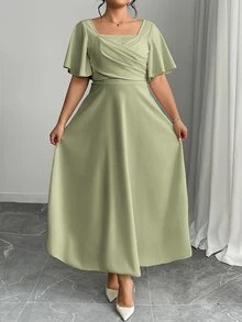 Modelyn Plus Size Knit Red Short Sleeve Cinched Waist A-Line Dress - Green - View 3